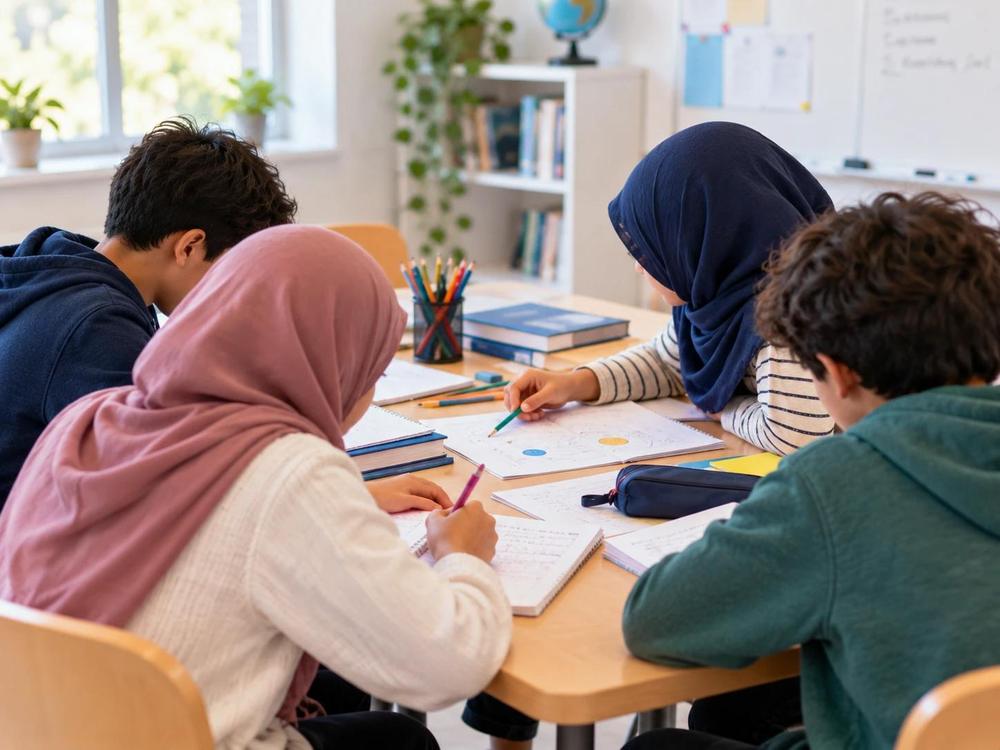 A small group of pupils learning together around a table
